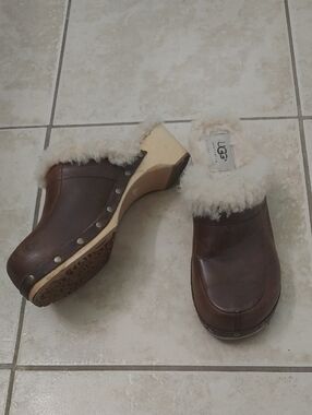 UGG Y2K Clogs Kalie Shearling Lined Brown Leather Mules Women's Size 6